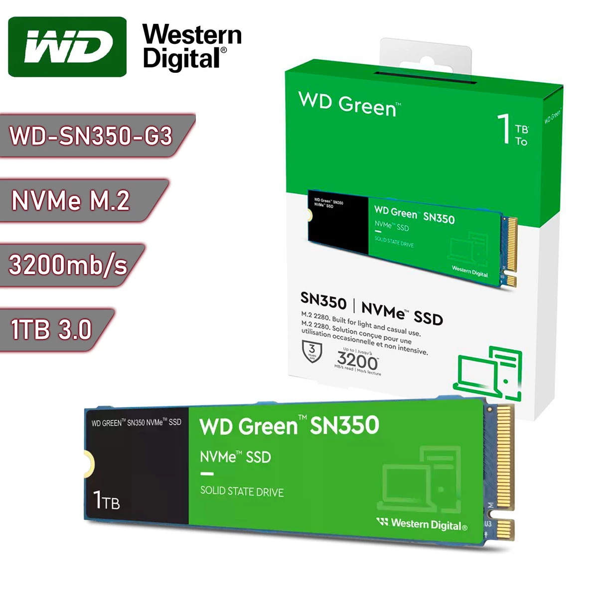 Disco sólido SSD NVMe Western Digital Green SN350 1TB