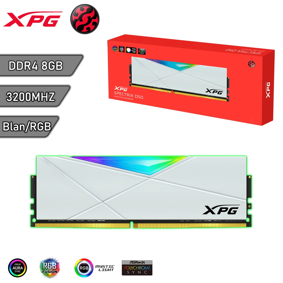 Memoria RAM DDR4 AData XPG Spectrix D50 8Gb 3200Mhz RGB Blancas