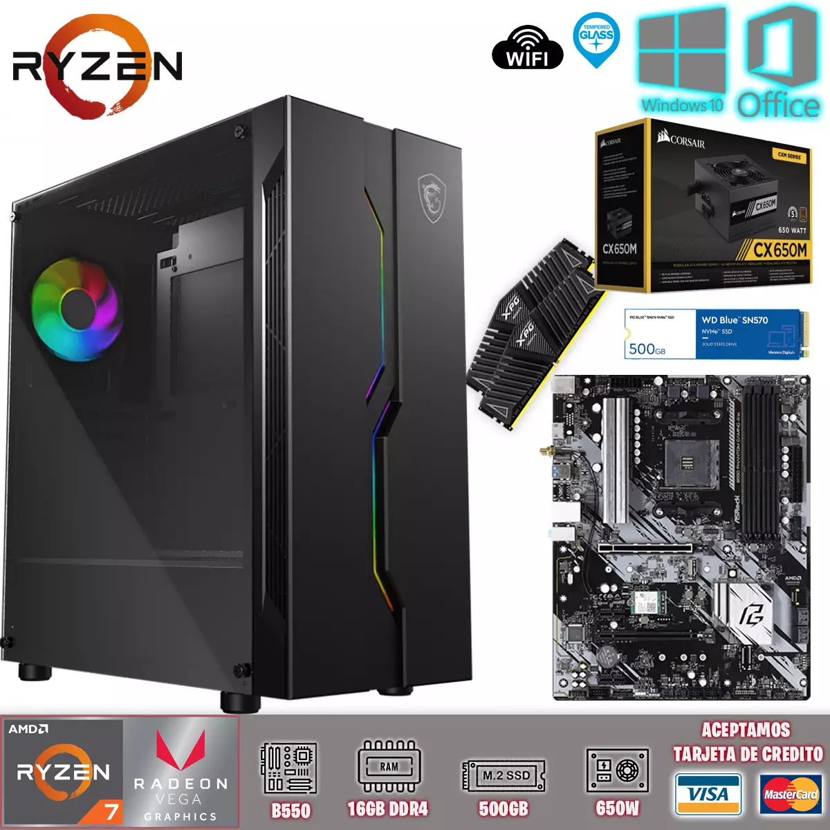 CPU Ryzen 7 4750G / B550 / 16 RAM / 500 SSD/ 650W/ Wifi