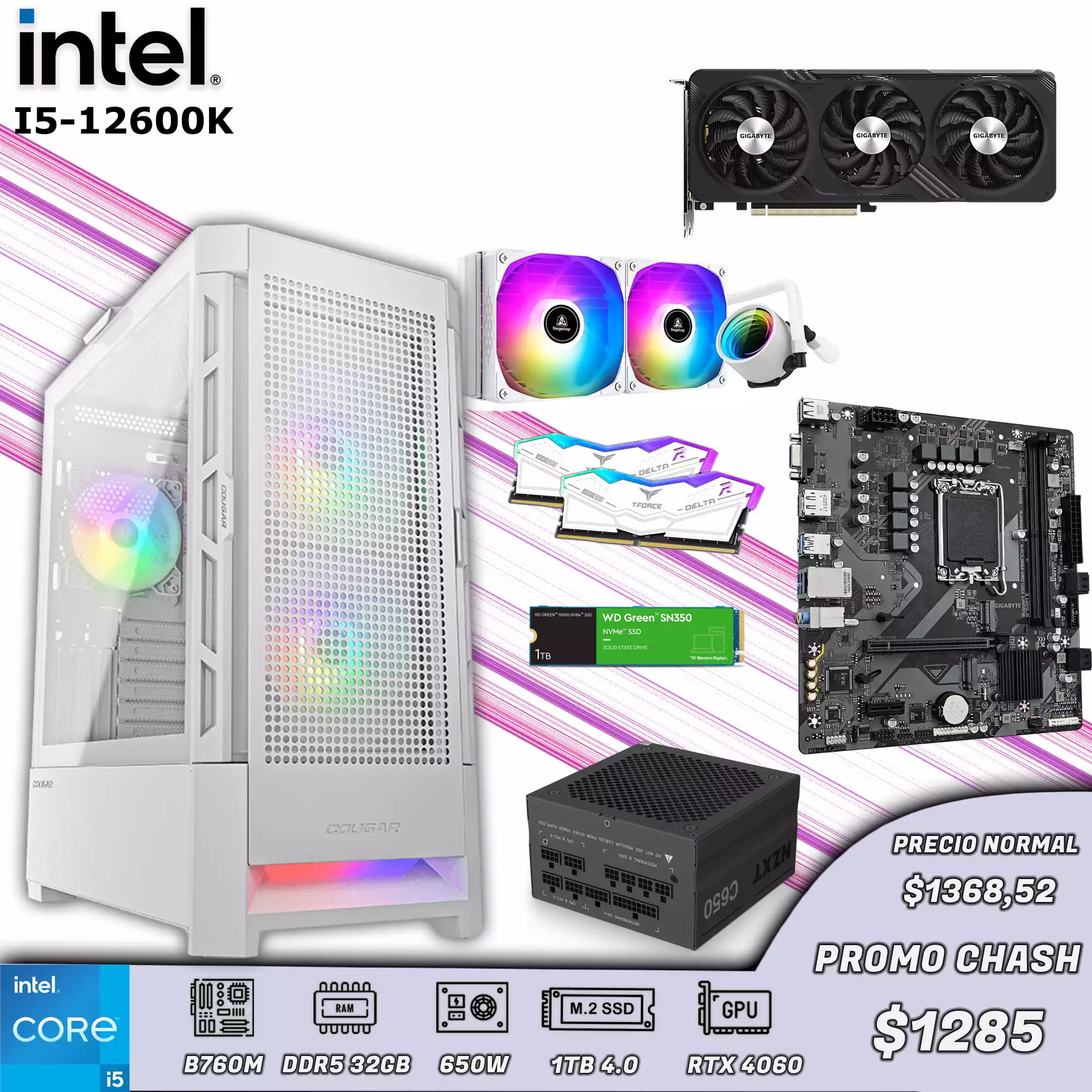 CPU Gamer Intel Core i5 12600K, 32GB DDR5, 1TB 4.0, RTX 4060