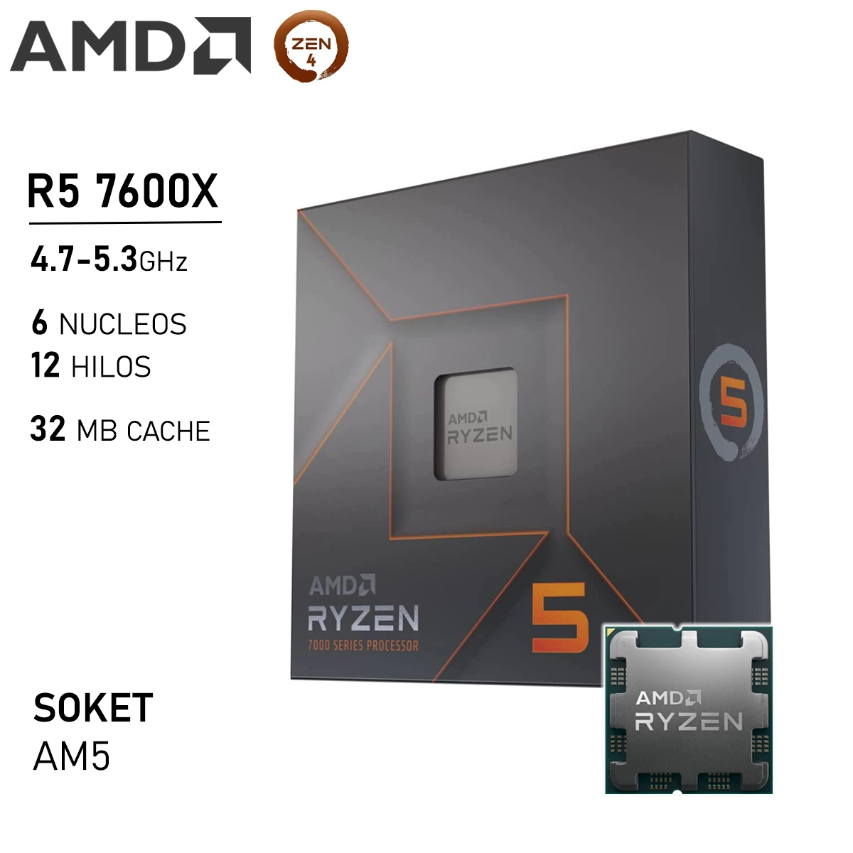 Procesador AMD Ryzen 5 7600X 4.7GHz 6Núcleos 12Hilos AM5