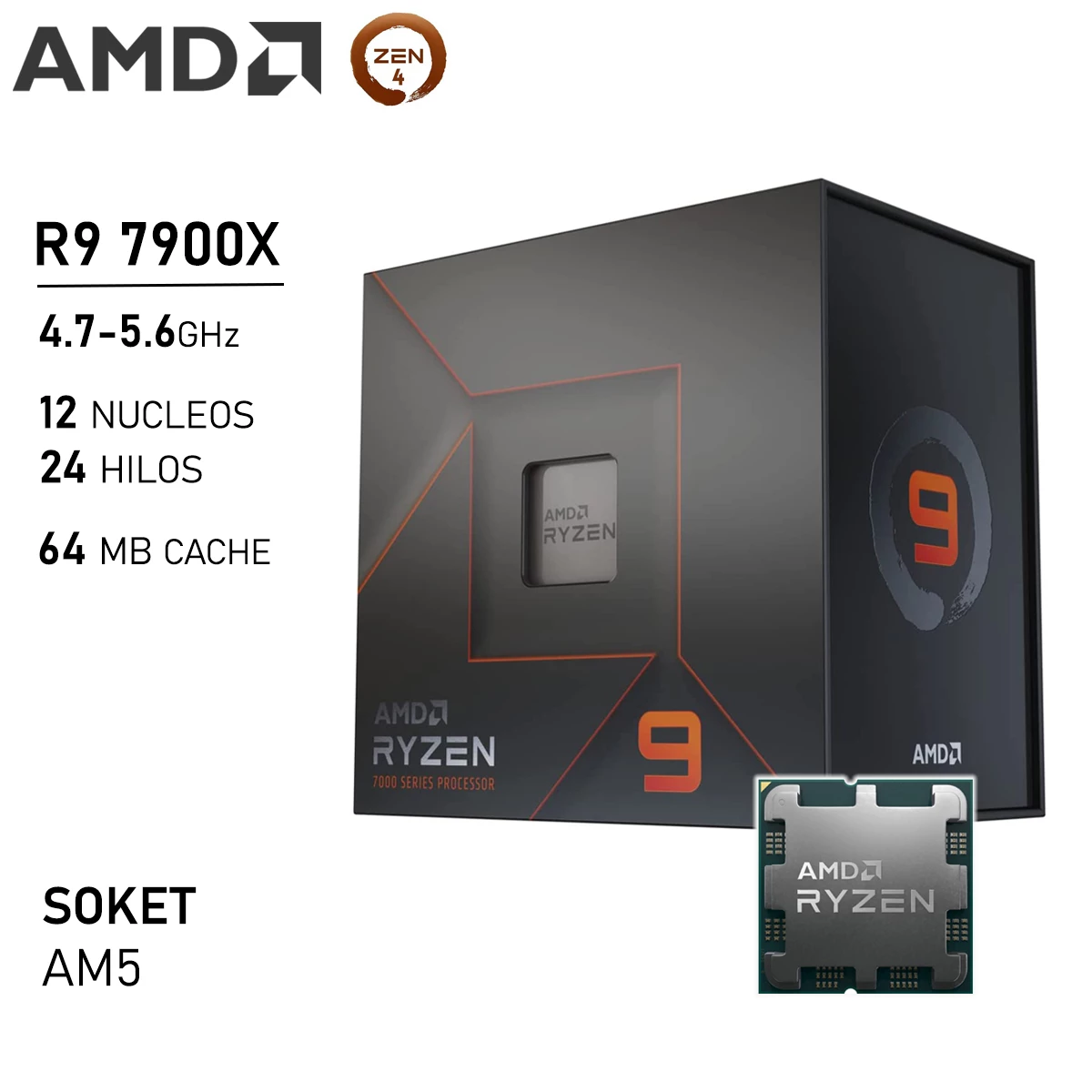 Procesador AMD Ryzen 9 7900X 4.7GHz 12 Núcleos 24 Hilos AM5